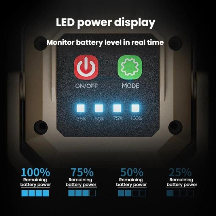 Black mini work light with illuminated power display and mode buttons