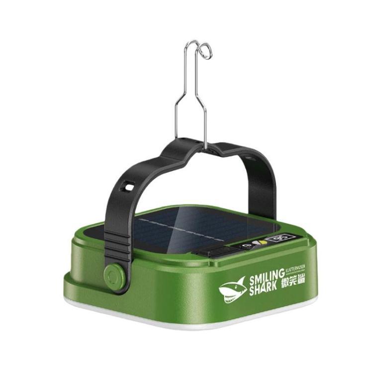 Green SMILING SHARK solar LED camping lantern with fold handle and metal hanging hook