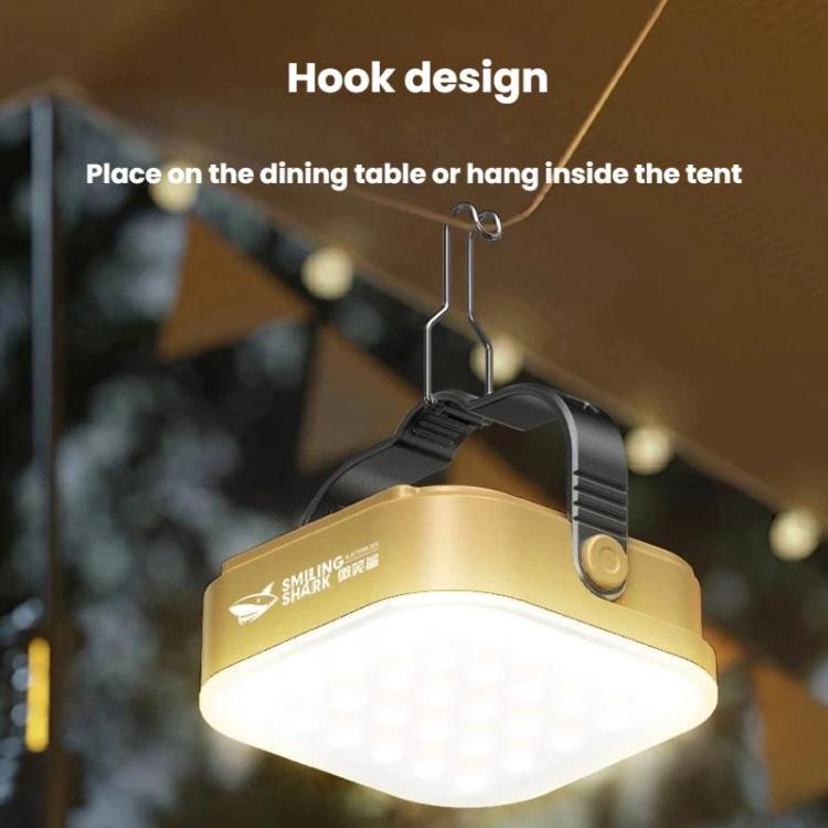 Hanging warm-white LED camping lantern with metal hook and handle strap