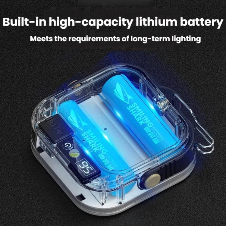 Transparent compartment showing blue rechargeable lithium battery pack for LED lantern