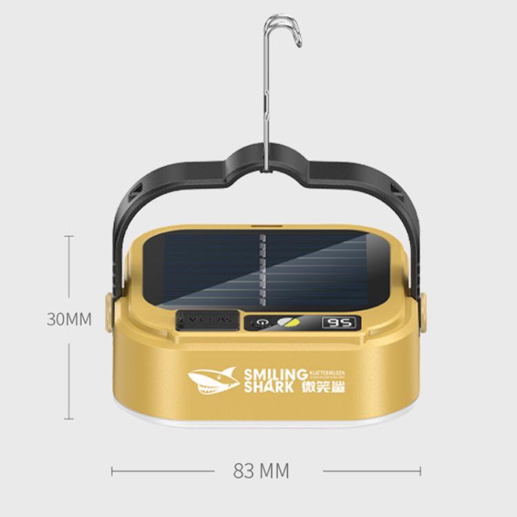 Gold solar LED camping lantern with fold handle, hanging hook, and built-in solar panel