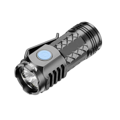 Portable LED mini flashlight, black metal body with front lens and side switch