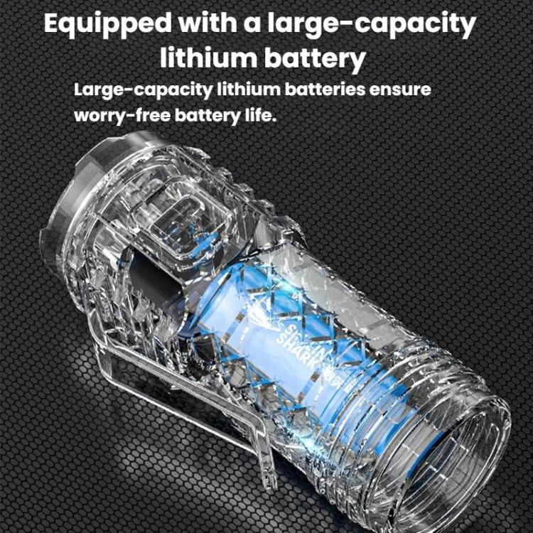 Portable LED mini flashlight with clear battery compartment and blue internal accents