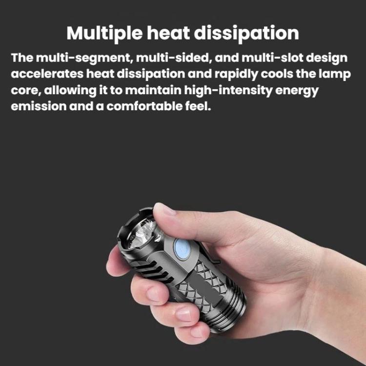 Portable LED mini flashlight held in hand, compact black metal flashlight design