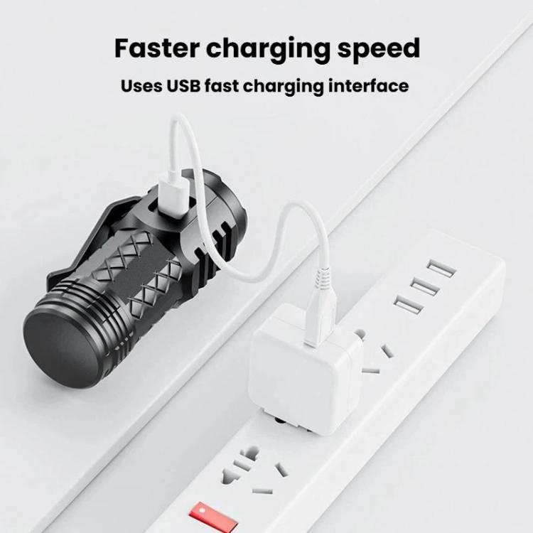 Portable LED mini flashlight charging via USB fast charging cable and wall adapter