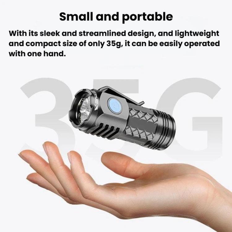 Portable LED mini flashlight resting in open palm, small compact size