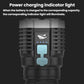Portable LED flashlight head with blue power and charging indicator icons