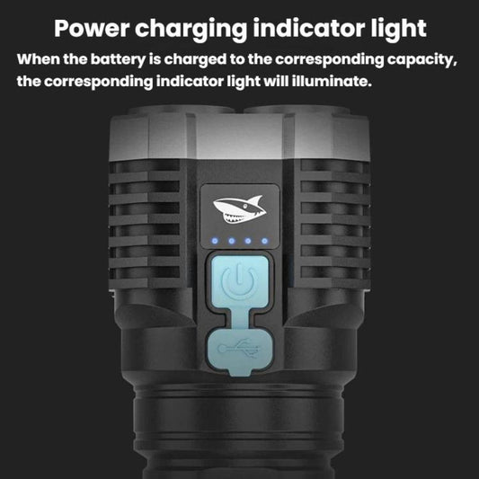 Portable LED flashlight head with blue power and charging indicator icons