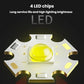 LED flashlight front detail showing yellow four-chip emitter under the lens