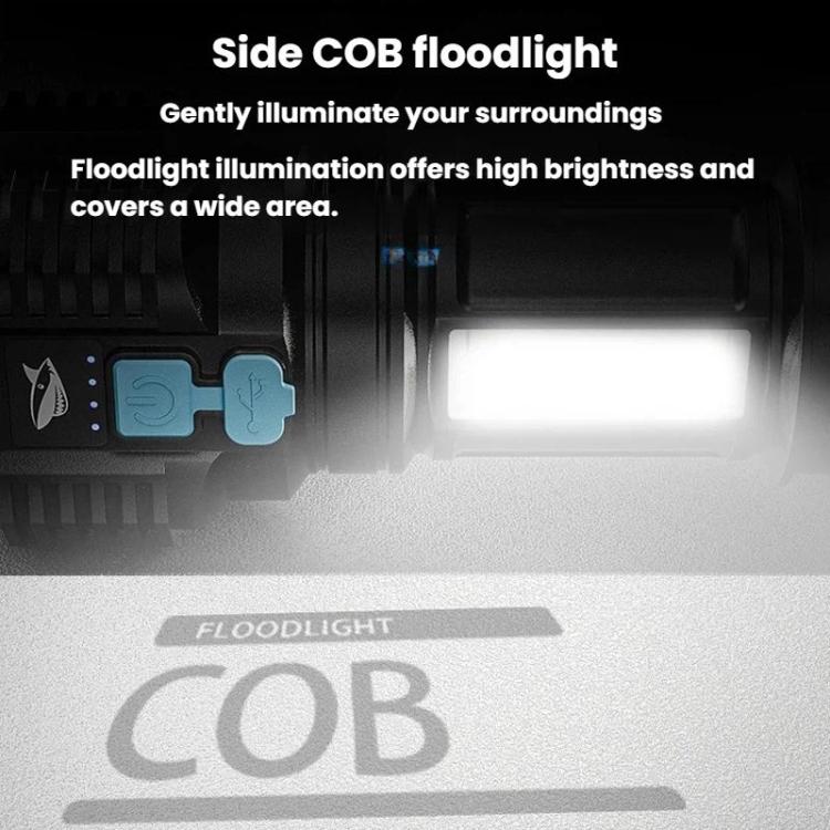 Portable LED flashlight with side COB floodlight window glowing along the body