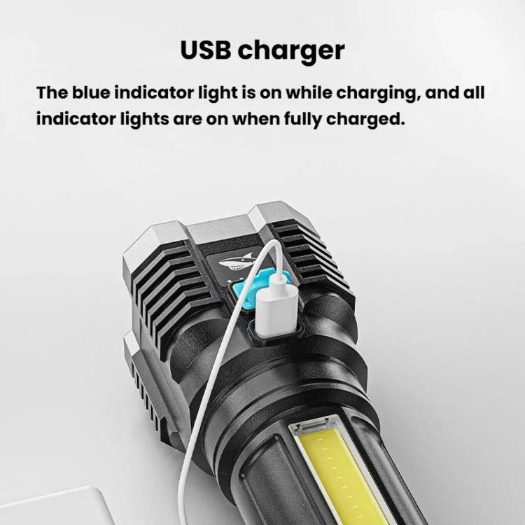 Portable LED flashlight charging via USB cable with illuminated yellow front LED