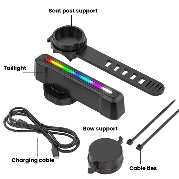 Bike tail light kit with seat-post clamp, charging cable, and cable ties