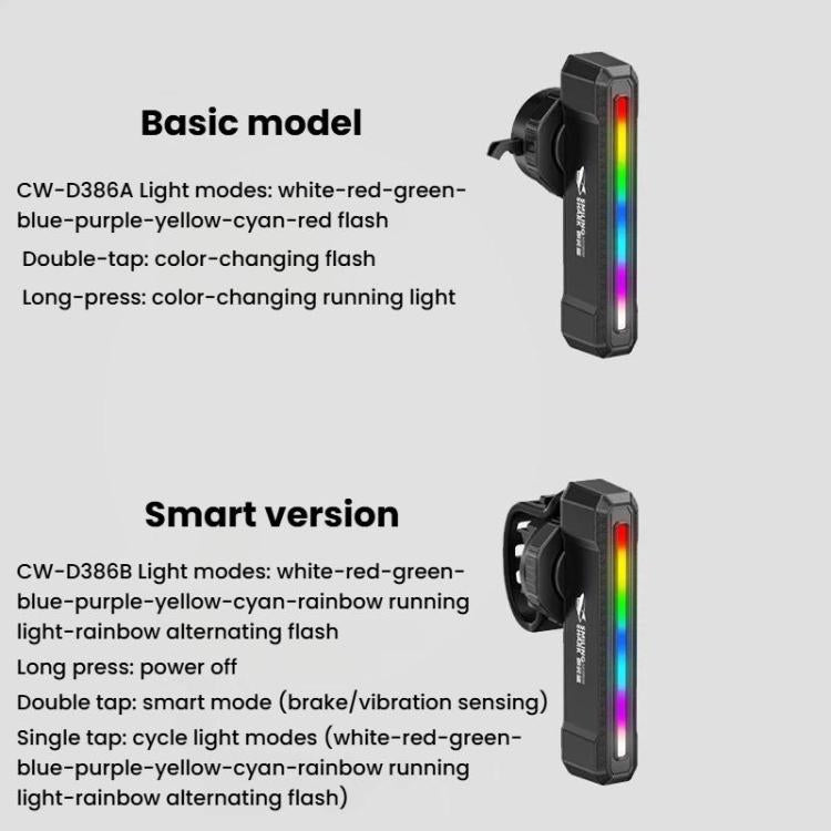 Black bike rear tail light with vertical rainbow LED strip and clip mount