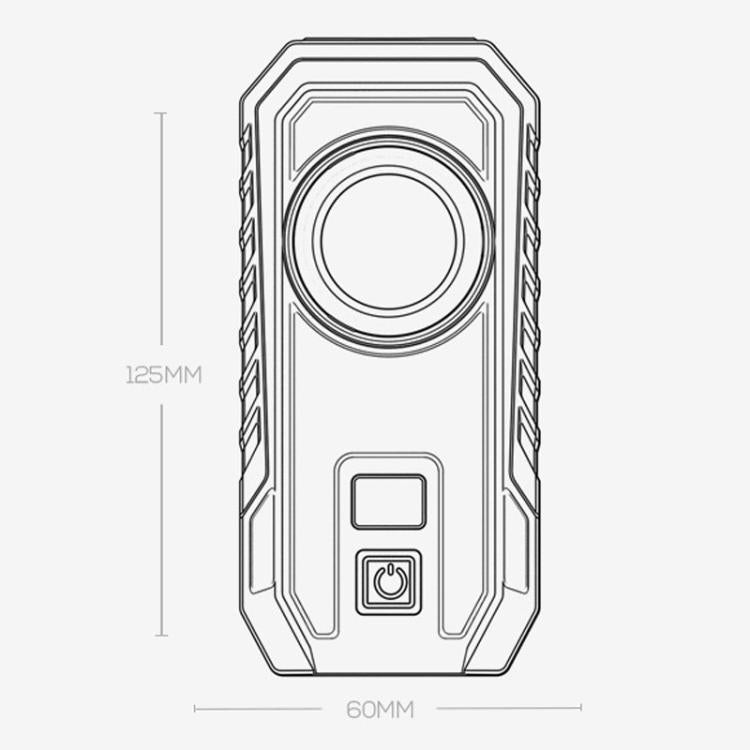 Magnetic flashlight with hook; front view shows circular dial and power display icons