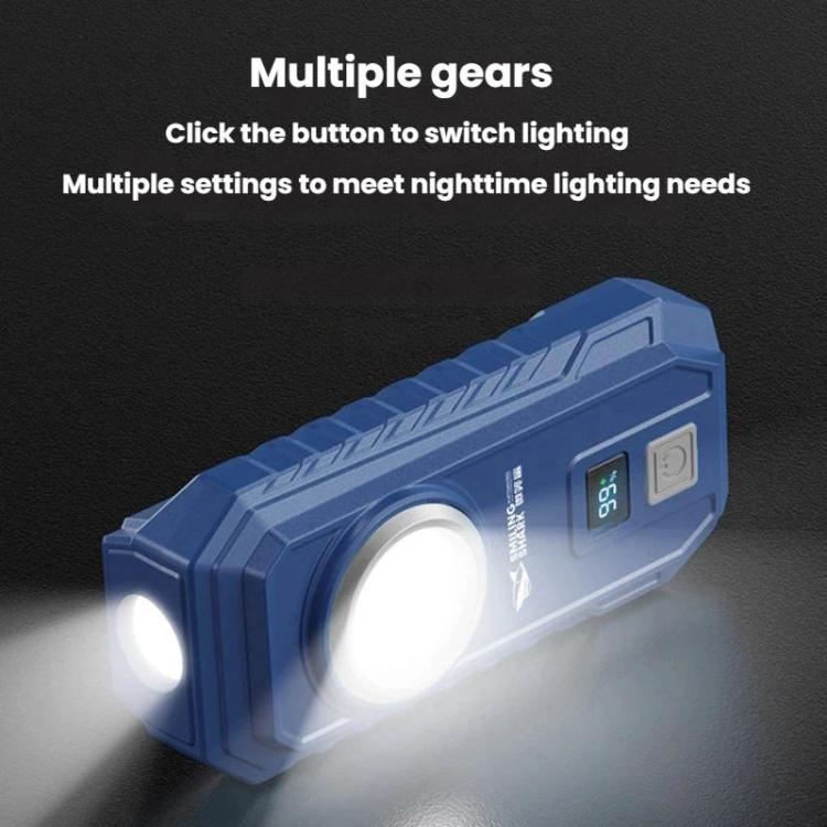 Blue flashlight showing digital panel and multiple lighting settings