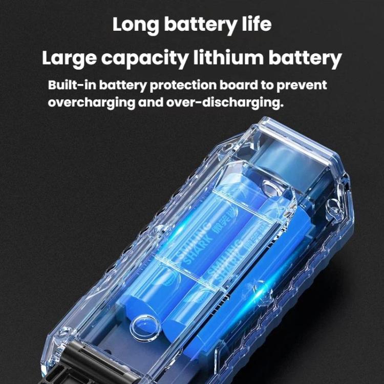 Blue flashlight with clear battery compartment and waterproof housing