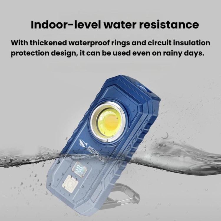 Blue flashlight with digital display, shown with splash and water resistance