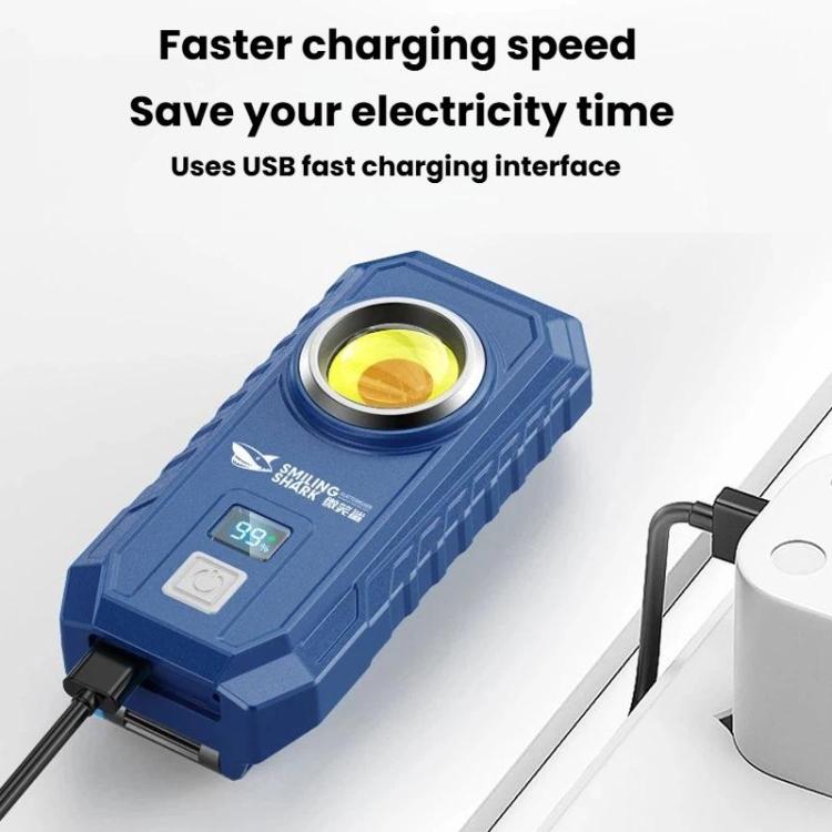 Blue LED work flashlight with digital display connected to USB charging cable