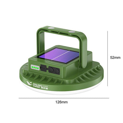 Green solar camping light with shark-style handle and folding frame, small portable lamp