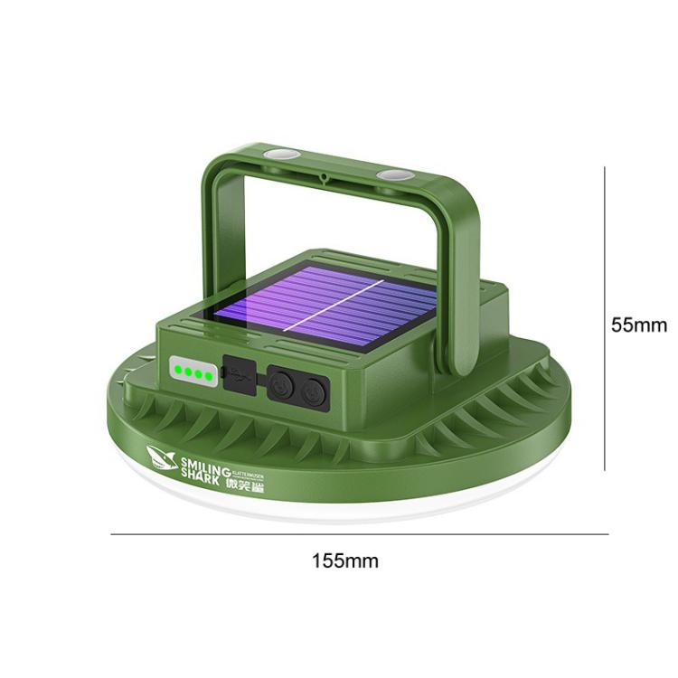 Green solar camping light with shark-style handle and folding frame, larger portable lamp