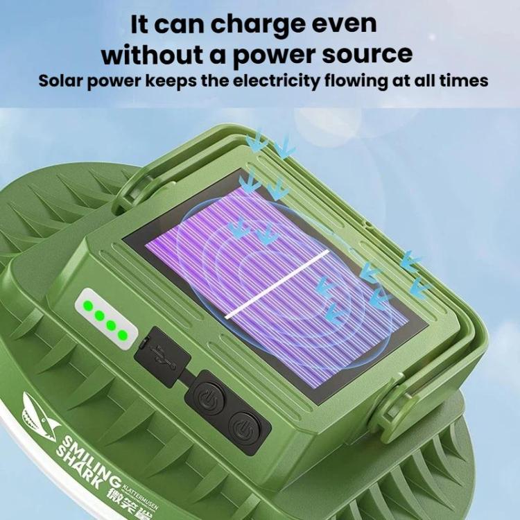 Solar panel camping light with front LED battery indicator dots