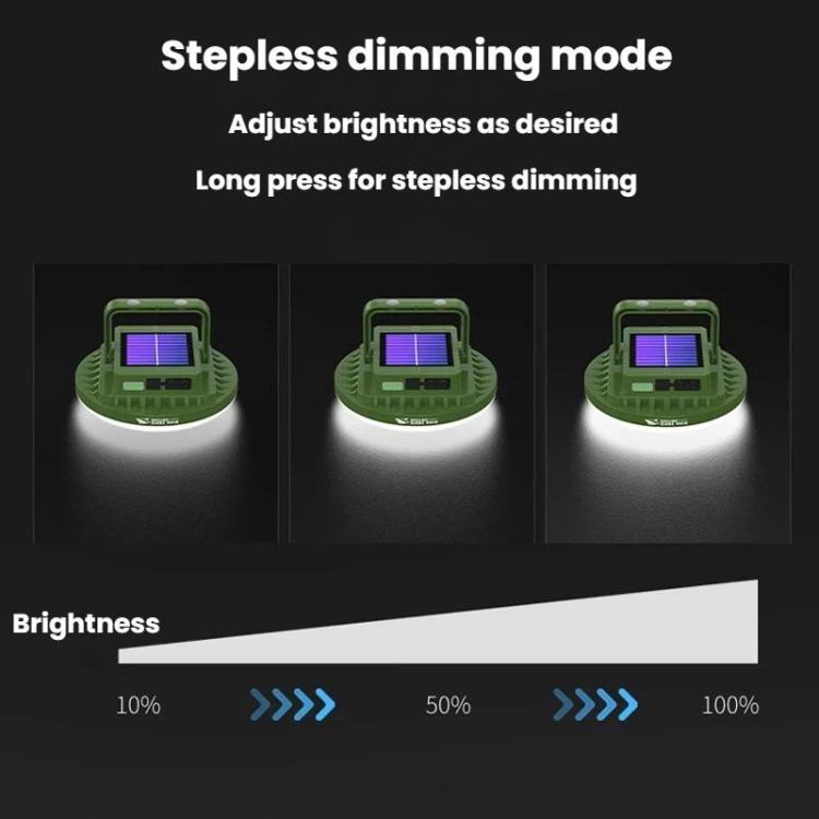 Solar camping light showing adjustable brightness levels, green housing with lit panel