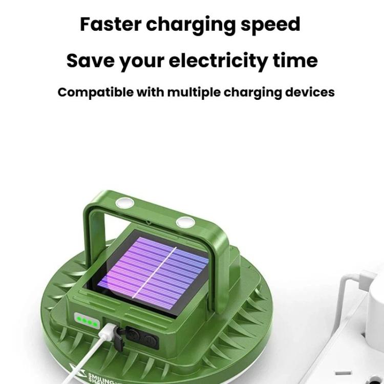 Green solar camping light with flip handle, control buttons, and solar panel