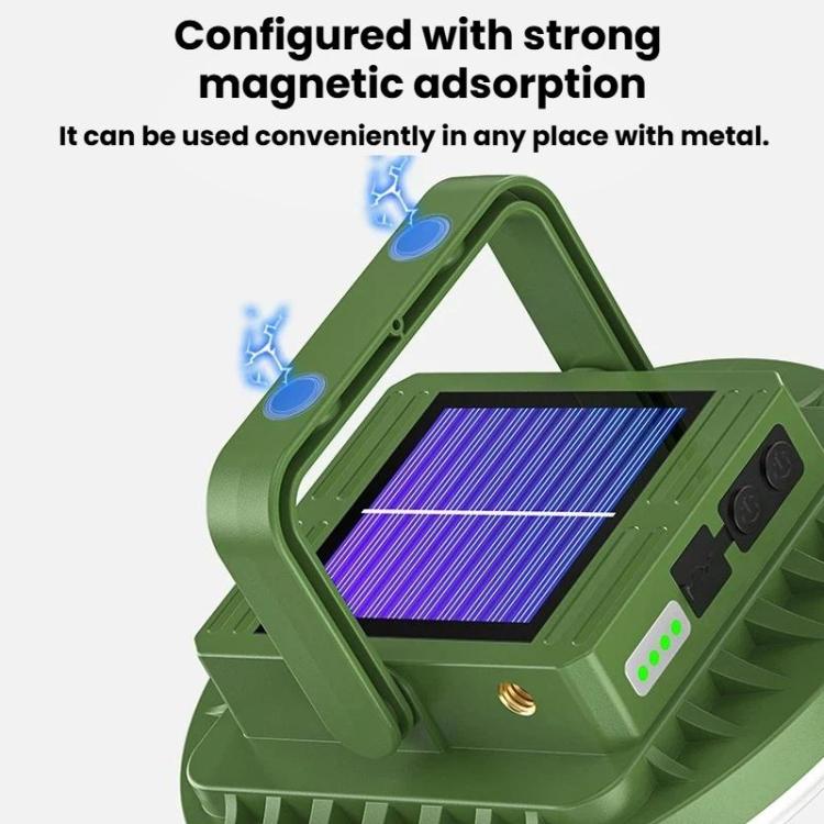 Green solar camping light with magnetic attachment feature and angled stand