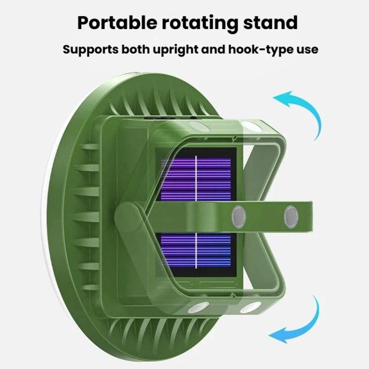 Solar camping light with rotating stand for upright or hook-type use
