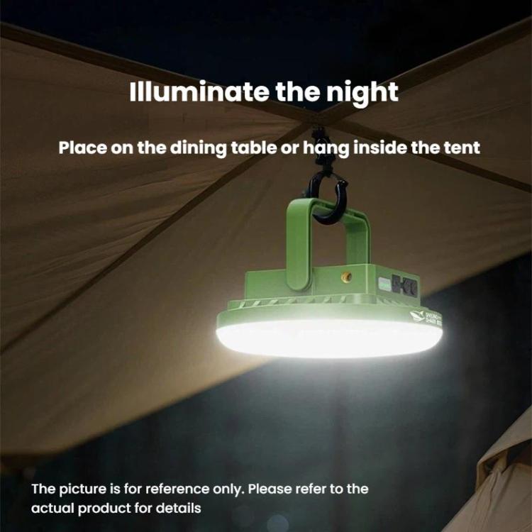 Portable solar camping light glowing white under hanging hook or tabletop use