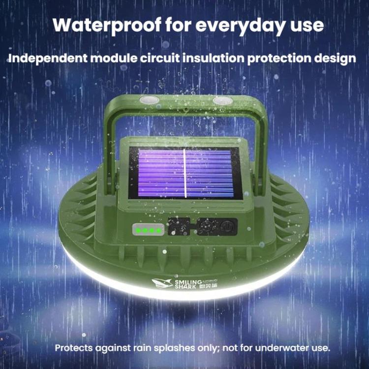Glowing green solar camping light with waterproof sealed housing design