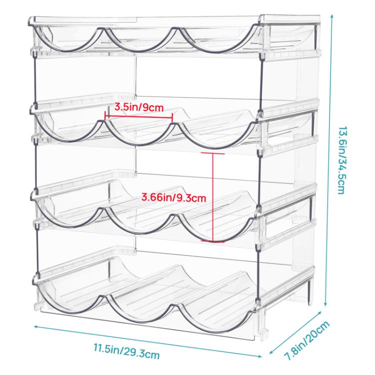 Clear stackable bottle storage rack with curved cradles and four-tier design