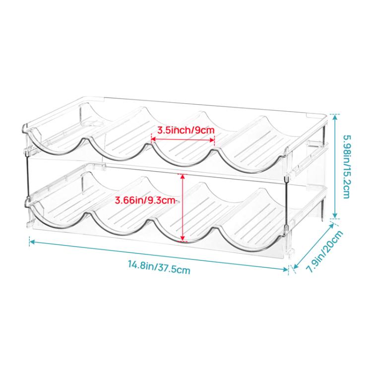 Clear stackable bottle rack organizer with curved cradles and metal-like frame