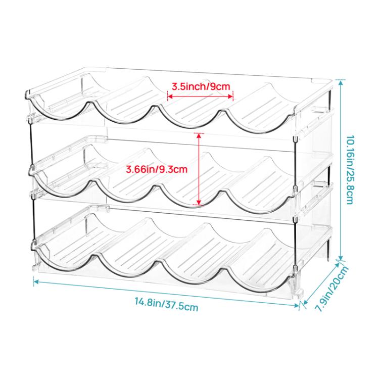 Clear multi-tier bottle storage rack with curved bottle cradles and side clips