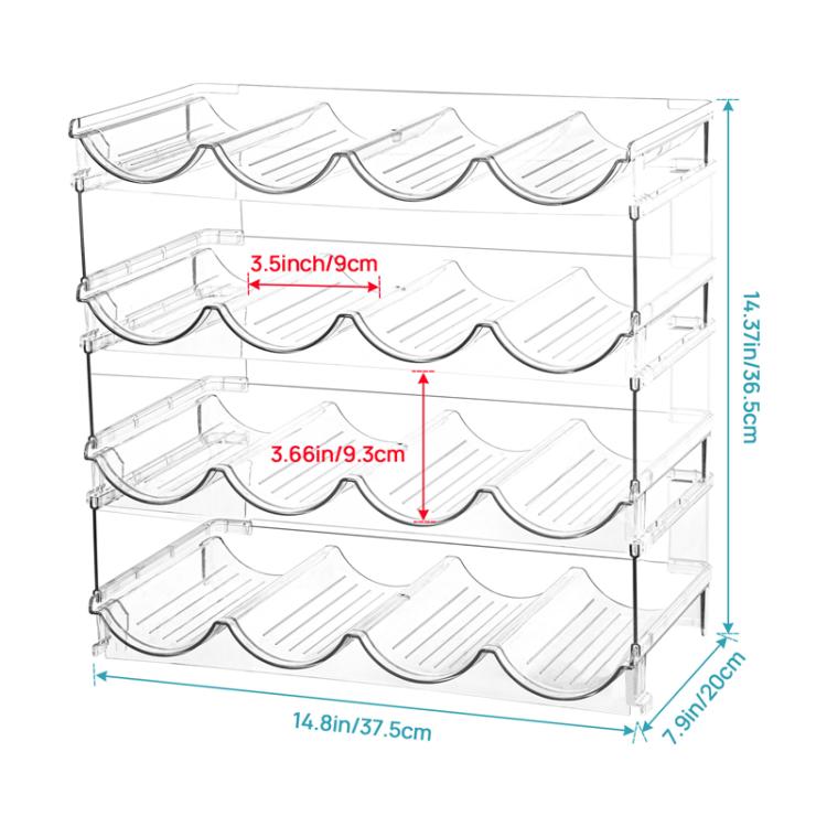 Clear stackable bottle rack organizer with curved cradles and four open shelves