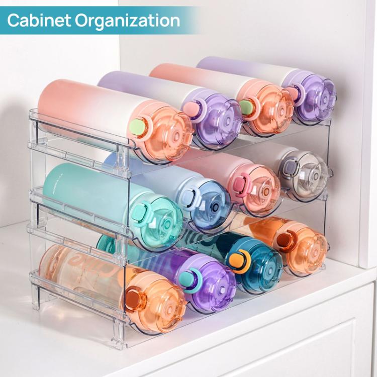 Clear cabinet bottle organizer rack holding colorful bottles in curved cradles