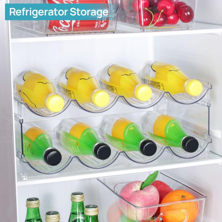 Clear refrigerator bottle storage rack with curved cradles for multiple bottles