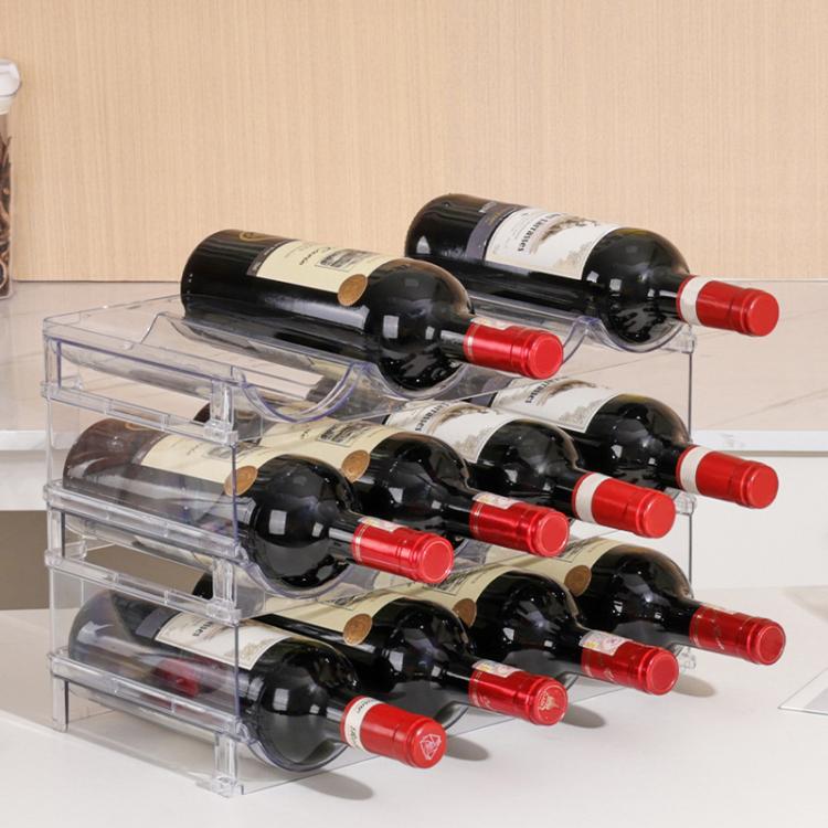 Clear wine bottle storage rack with red-capped bottles in curved cradles