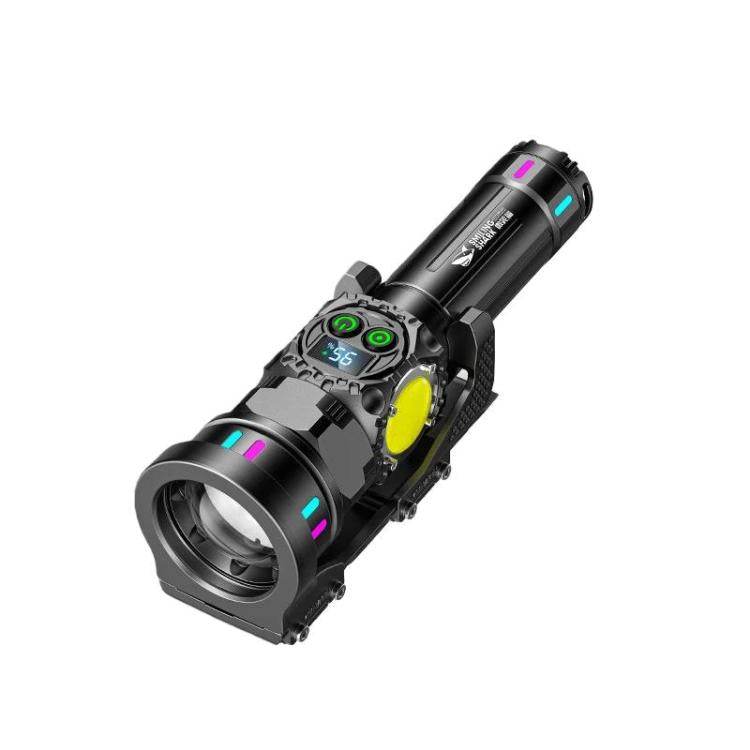 Black flashlight with yellow side COB light and multicolor accents near the lens