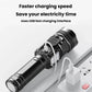 Black USB rechargeable flashlight with fast-charging port and charging cable