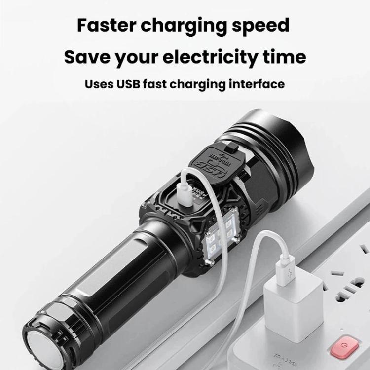 Black USB rechargeable flashlight with fast-charging port and charging cable