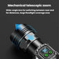 Black flashlight with mechanical telescopic zoom ring and illuminated power controls