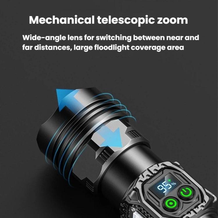 Black flashlight with mechanical telescopic zoom ring and illuminated power controls