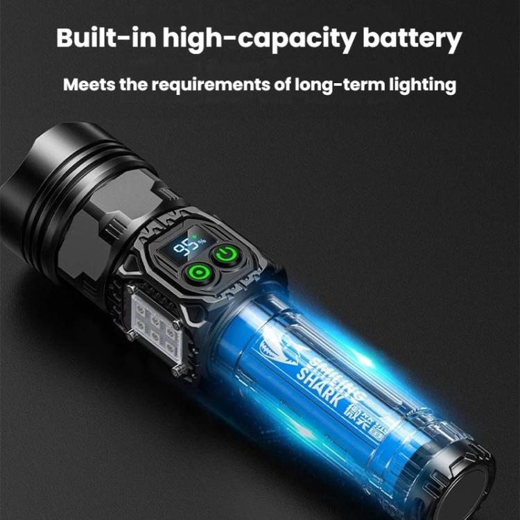 Black flashlight with blue body tube and glowing front beam, green control LEDs