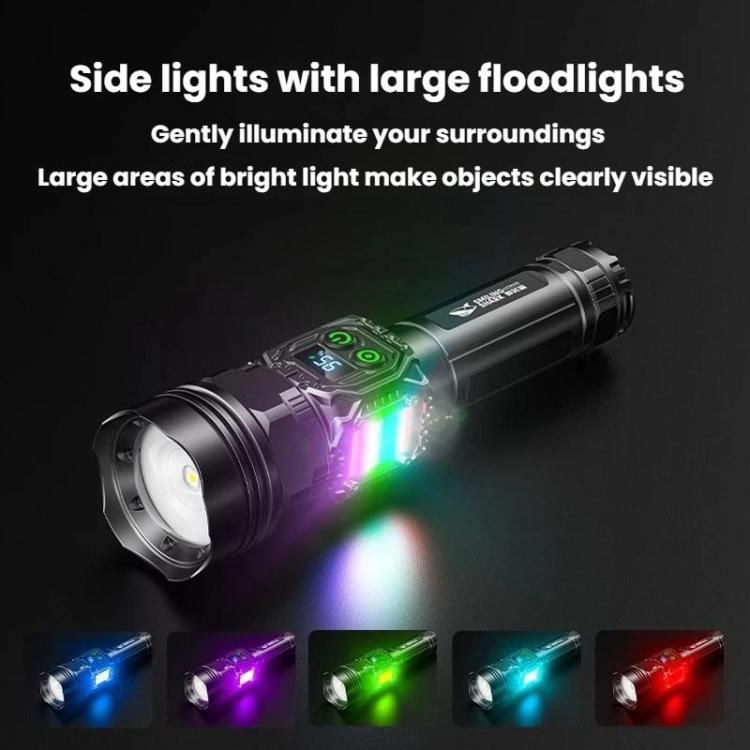 Black flashlight with bright front beam and colorful side lights around the head