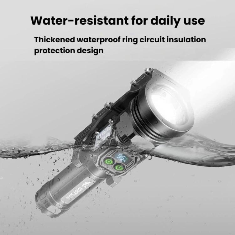 Black long-range flashlight with green power display and waterproof ring design