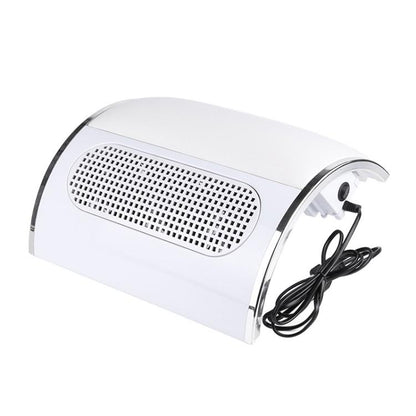 White desktop nail dust collector with vented mesh intake panel and chrome trim