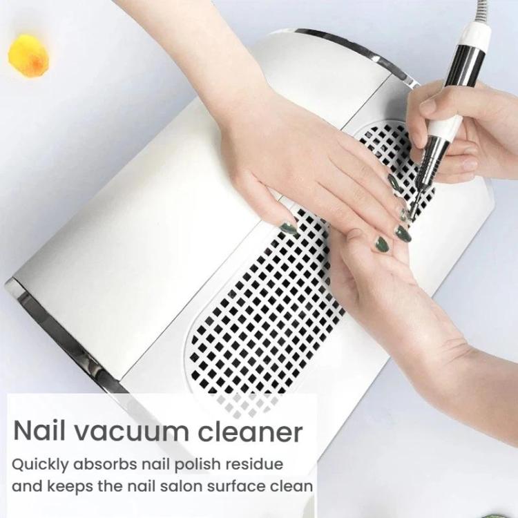 White nail dust collector with hands placed under the vented intake grate