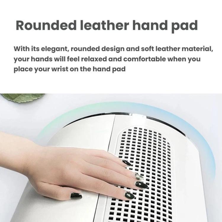 White nail dust collector with rounded leather hand pad and vented mesh intake