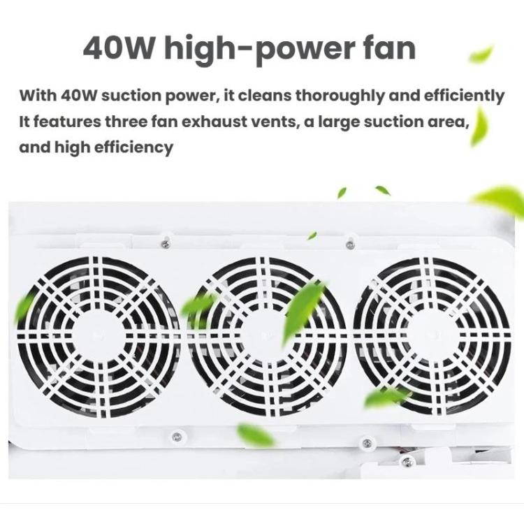 White nail dust collector with triple circular fan vents and vented intake grille